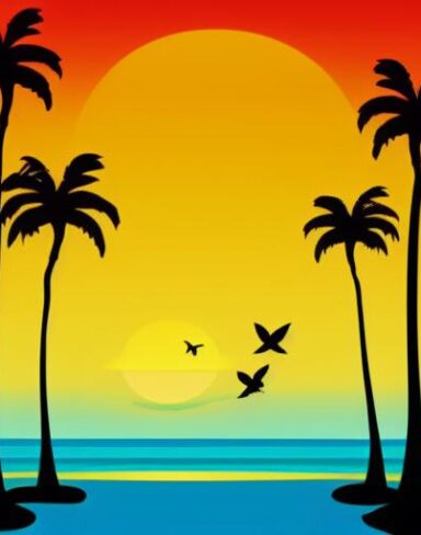 Beautiful sunset with some palm trees and birds