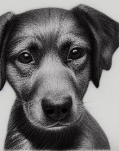 Black and white charcoal drawing of the puppy