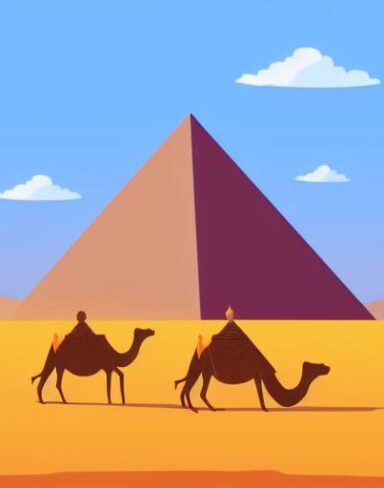 Camels in a desert in summer