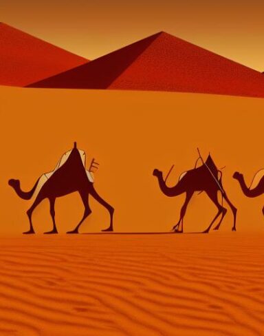 Camels walking across a desert