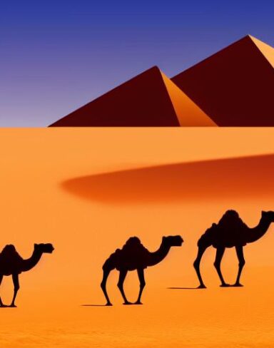 Camels walking across a desert