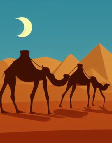 Camels walking across a desert