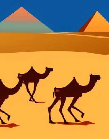Camels walking in a desert in summer season