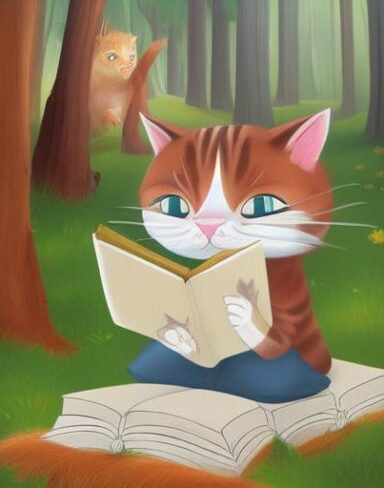 Cartoon cat reading a book in the forest