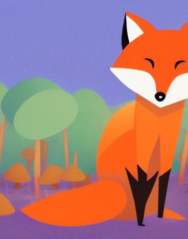 Cartoon fox sitting on a mushroom