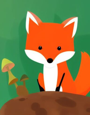 Cartoon fox sitting on top of mushroom