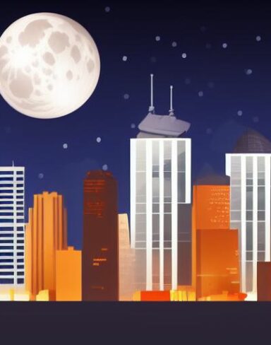 City at night with a moon in the sky