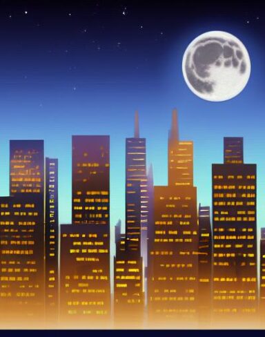City at night with moon in sky