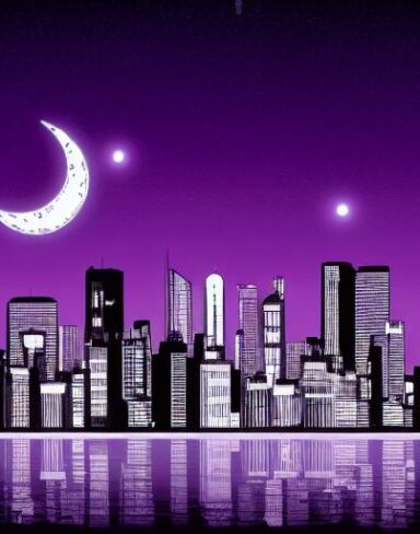 City at night with moon in the sky
