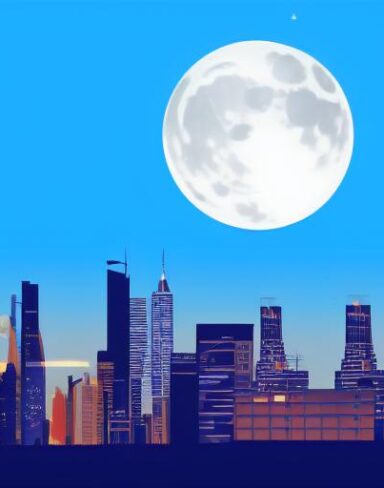 City at night with the moon in the sky