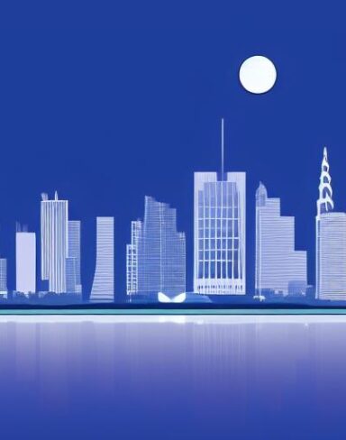 Cityscape at night with moon in the sky