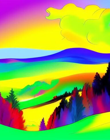 Colorful painting of the colorful landscape with mountains and trees