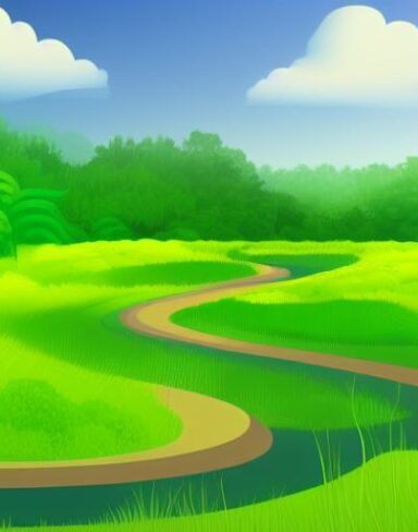 Curve river running through a lush green field