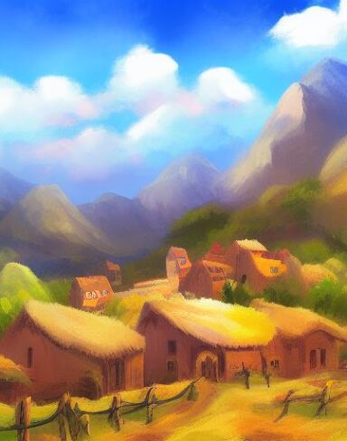 Digital art painting of a small village and the mountains