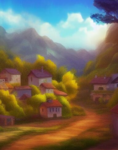 Digital art painting of a small village in the mountains