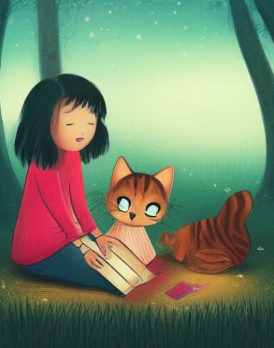 Girl sitting on the ground next to a cat