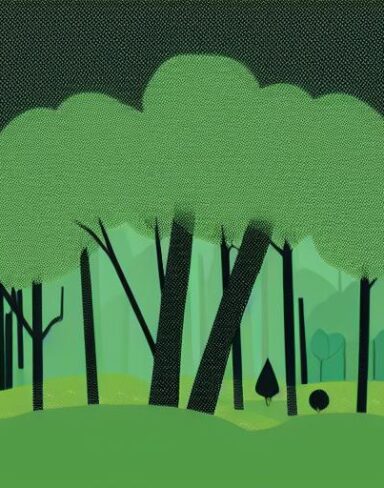 Green and black landscape with trees and houses