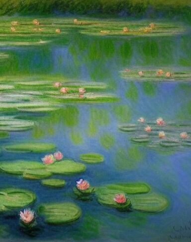 Impressionism painting of water lilies in a pond of water