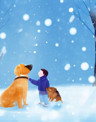Little boy standing next to a dog in the snow