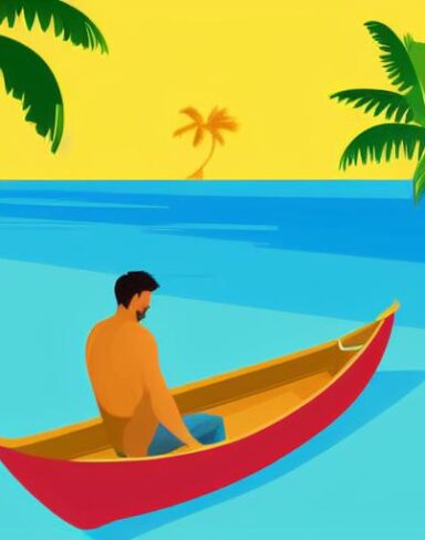 Man is sitting in a boat on beach