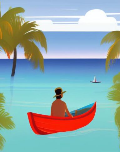 Man is sitting in a boat on beach