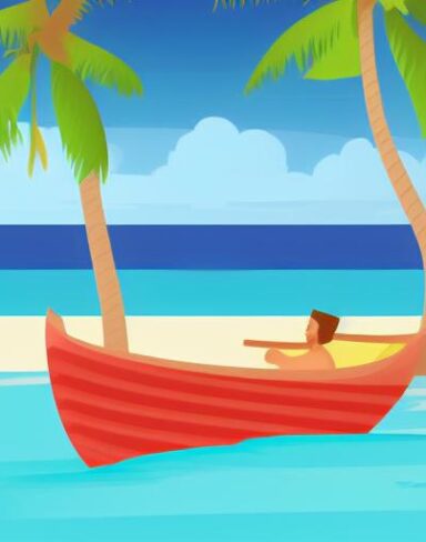 Man is sitting in a boat on the beach