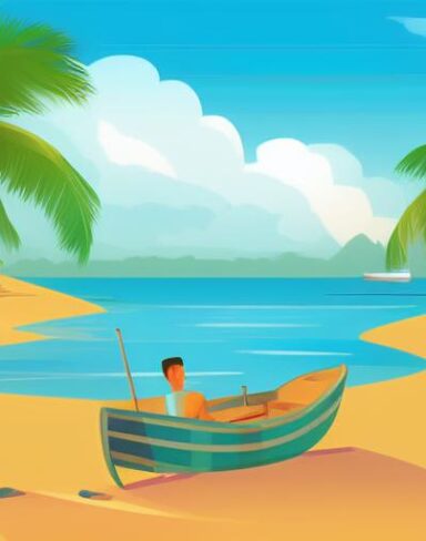 Man is sitting in a boat on the beach