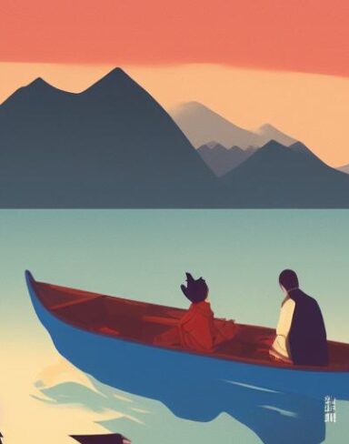 Man on the boat on lake with mountains in the background