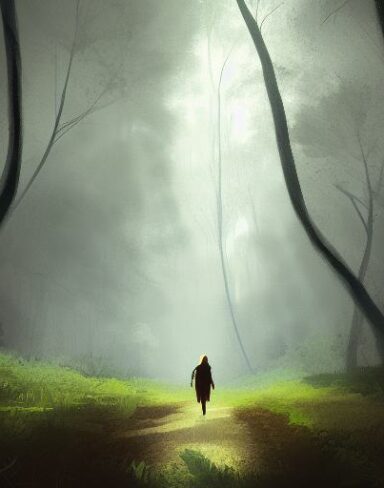 Melancholic digital art of a person walking through a forest
