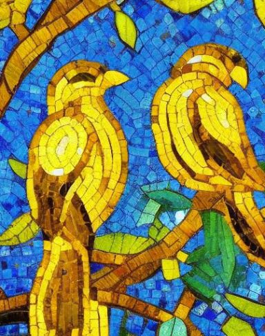 Mosaic of two birds sitting on top of a tree branch