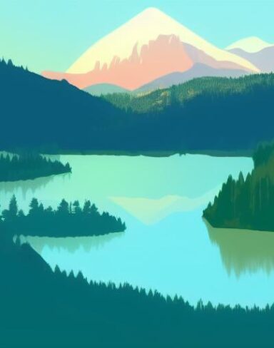 Mountain landscape with pine trees and a lake in the foreground
