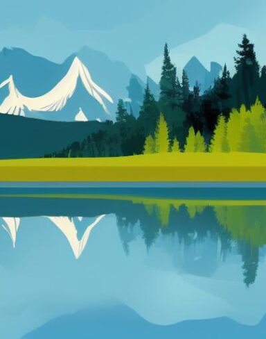 Mountain landscape with pine trees and lake