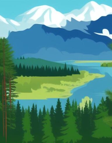 Mountain landscape with pine trees and lake in the foreground
