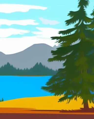 Mountain landscape with pine trees and lake in the foreground