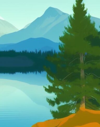 Mountain landscape with pine trees and lake in the foreground