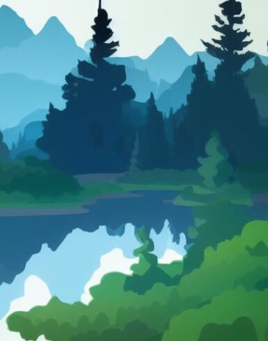 Mountain landscape with some pine trees and lake