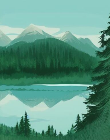 Mountain landscape with some pine trees and lake
