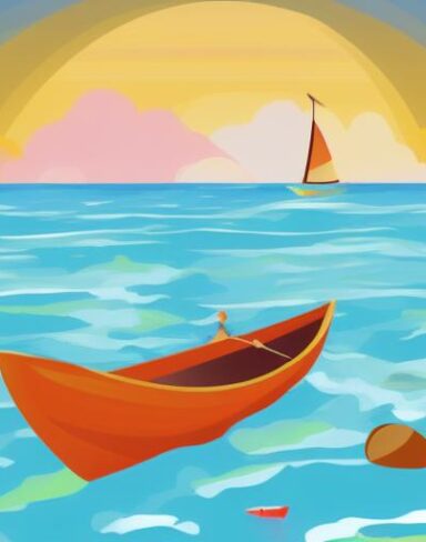 One man is sitting in a boat on the beach