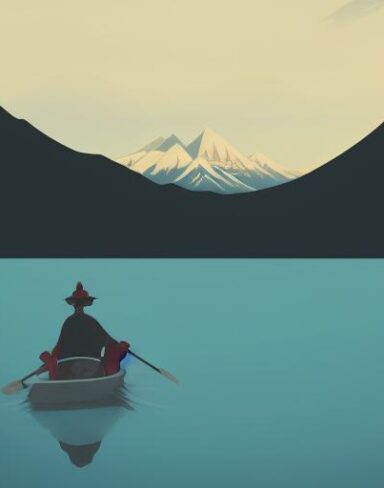 One man on the boat on a lake with mountains in the background