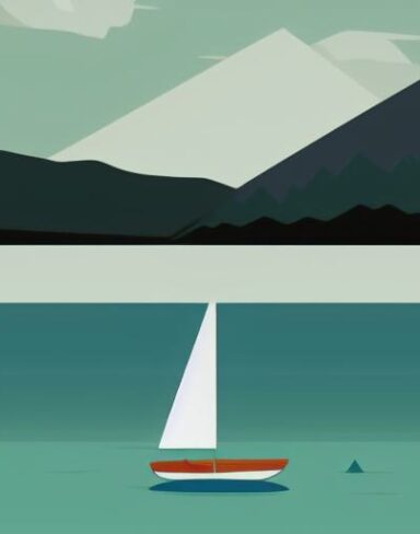 One sailboat in a lake with mountain