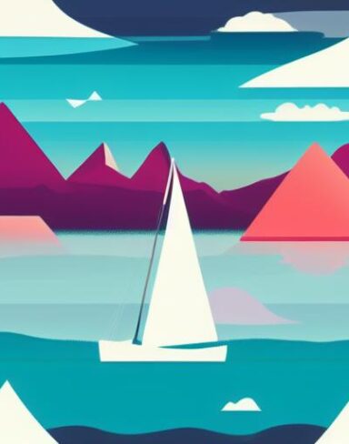 One sailboat in a lake with mountains