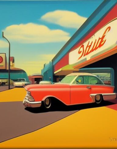 Painting of a retro car parked in front of a starlite diner