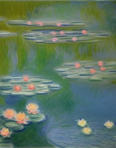 Painting of water lilies in a pond of water