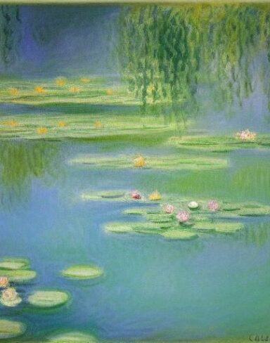 Painting of water lilies in a pond of water