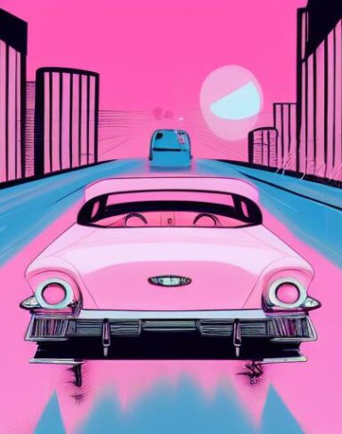Pink car driving on a street at night
