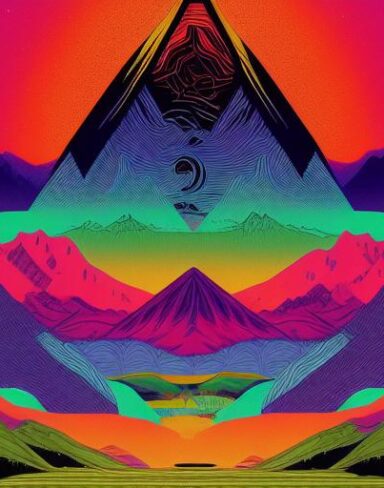 Psychedelic art poster with mountains