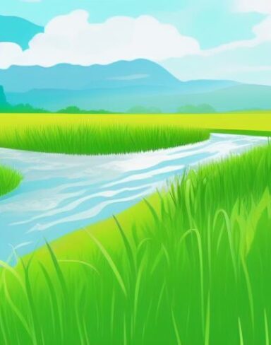 River running through a grass field