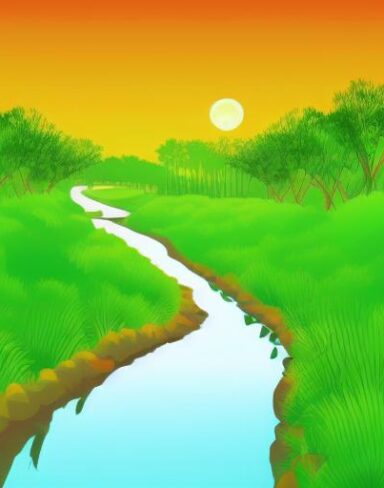 River running through a lush green field