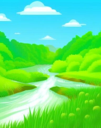 River running through a lush green field