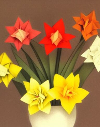 Several paper flowers in a pot
